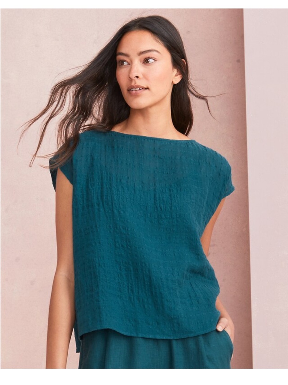 EUC Eileen Fisher Linen/Organic Cotton Teal Textured Boxy Crop Sleeveless Tunic